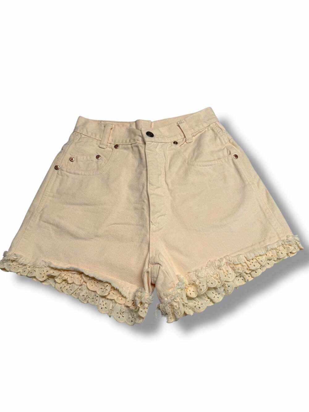 Vintage Michael G. High Waisted Cream Denim Shorts with Eyelet Lace Trim